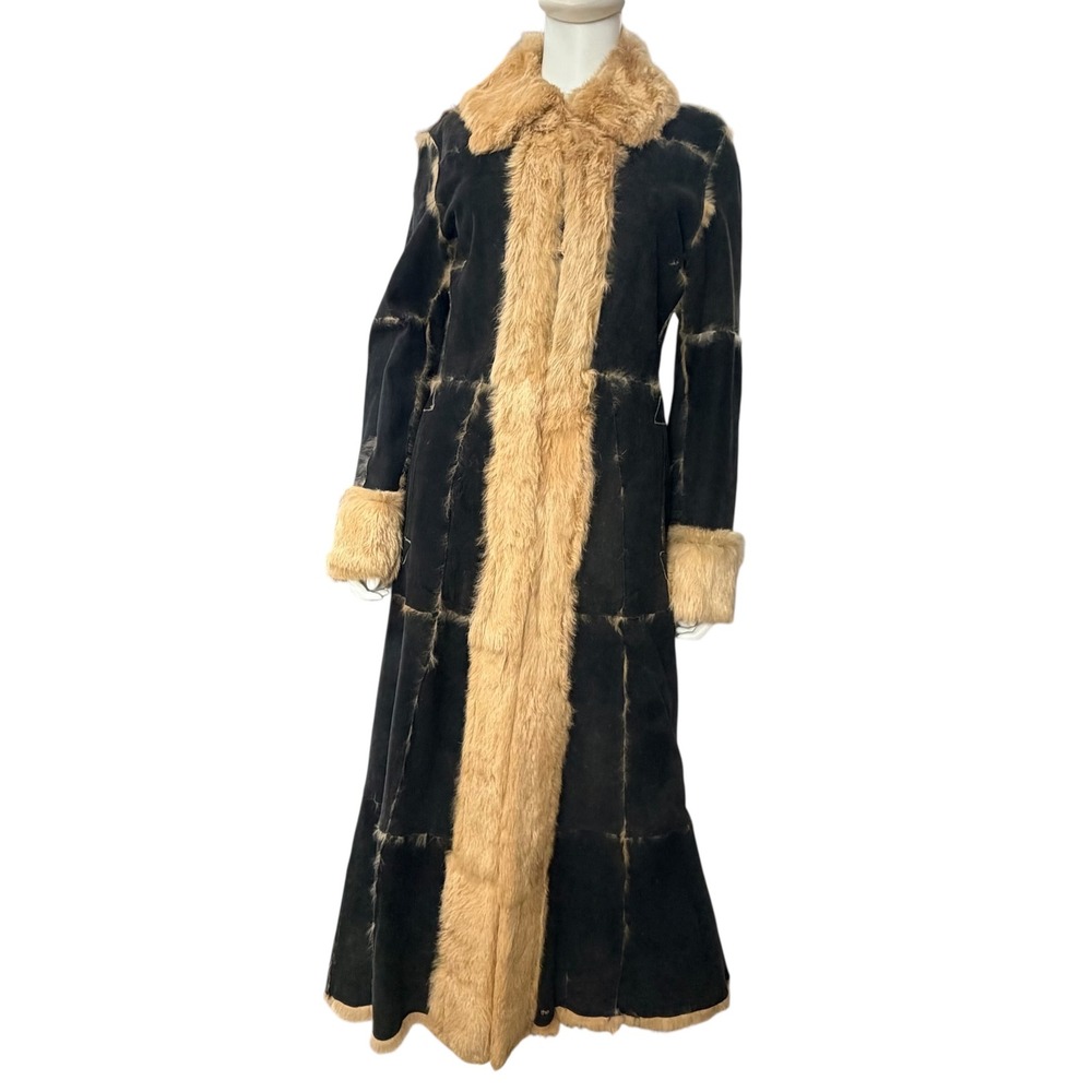 The Bomb Black Suede Maxi Coat Faux Fur Patchwork‎ Hollywood Retro Chic Women S
